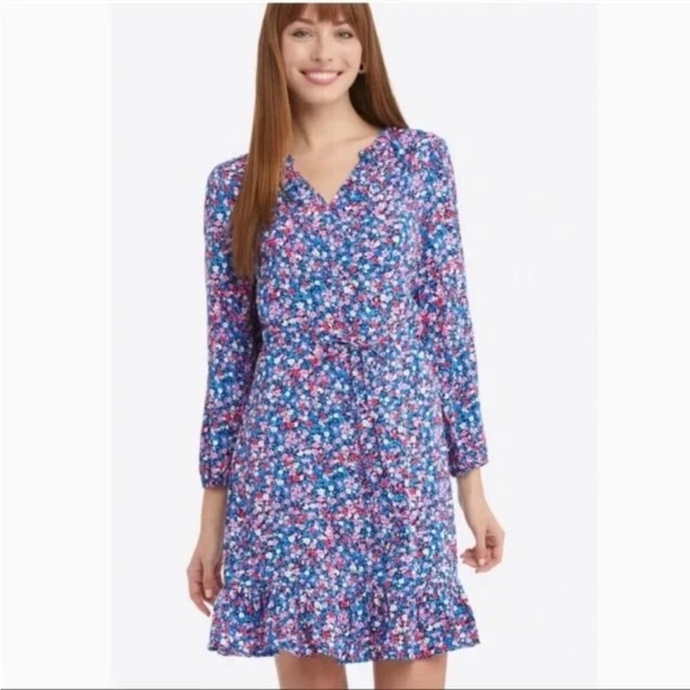 Draper James Blue Pink Ruffled V-Neck Dress